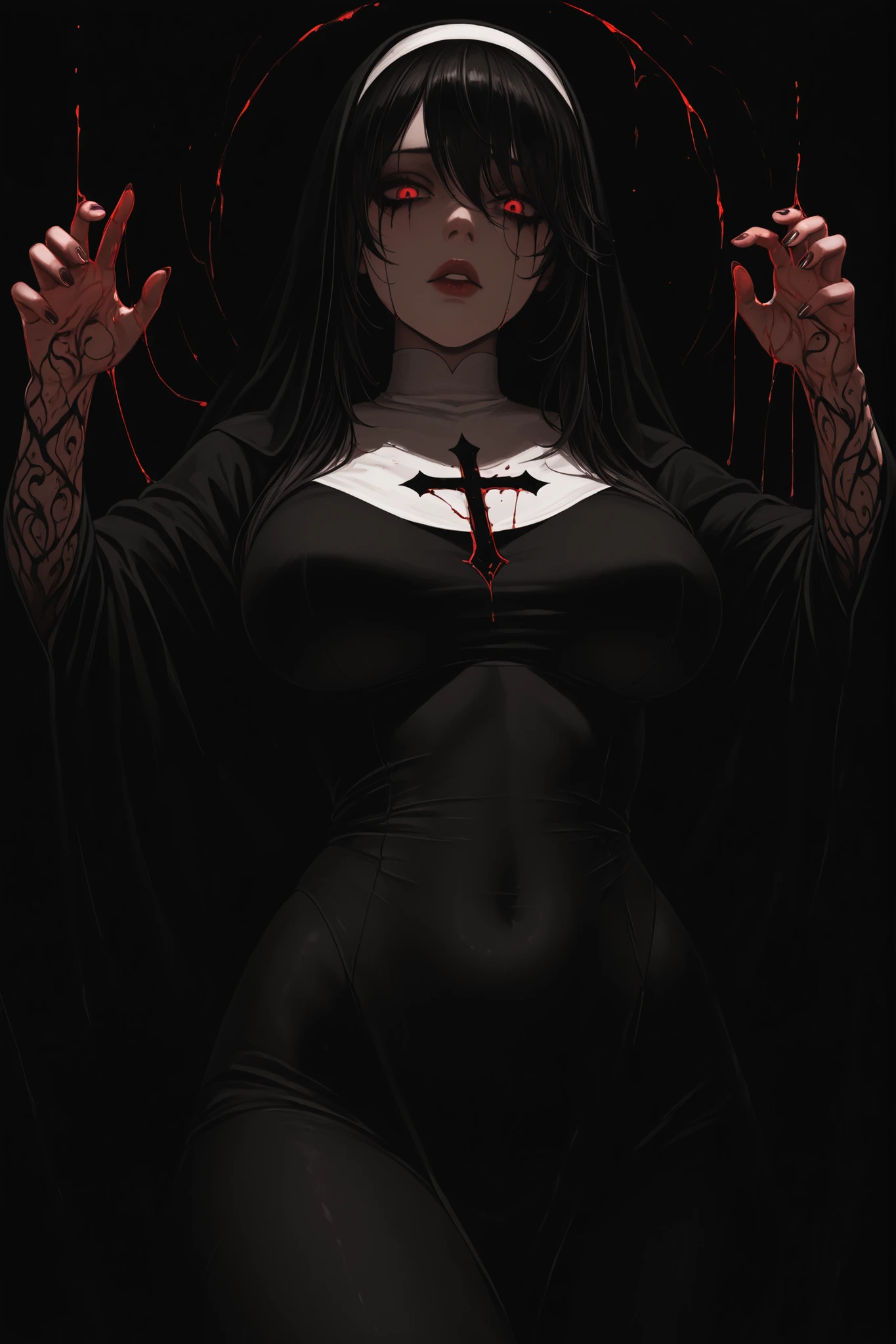 A mysteriously alluring nun woman with a beautiful, yet unsettling visage. Her face is framed by a traditional veil that casts a shadow over her features, allowing her crimson eyes to gleam seductively amidst the stark contrast of the gothic chiaroscuro. The nun's skin is pale as moonlight, while her luscious, crimson-stained lips are parted slightly to reveal a hint of inner darkness. Her voluptuous body is sheathed in a black habit that clings to her form, accentuating her curves and giving an aura of both purity and temptation. The focus of the composition is from her head to her bust, where the tight fabric emphasizes the swell of her bosom beneath the crucifix resting atop. Her hands are raised in a dramatic pose, and from her fingertips, a dark, viscous liquid, akin to thickened blood, trickles down to form intricate patterns on her skin, blending with the fabric and creating an eerie, almost sacred, visual. The lighting is masterfully divided, with sharp contrasts between deep shadows and stark illumination, enhancing the intensity of her red eyes and the flow of black tears that stain her cheeks like a macabre makeup. The scene exudes a dark, haunting beauty that is both intriguing and unnerving, inviting the viewer into a realm where the sacred and the profane intertwine in a dance of shadow and light.