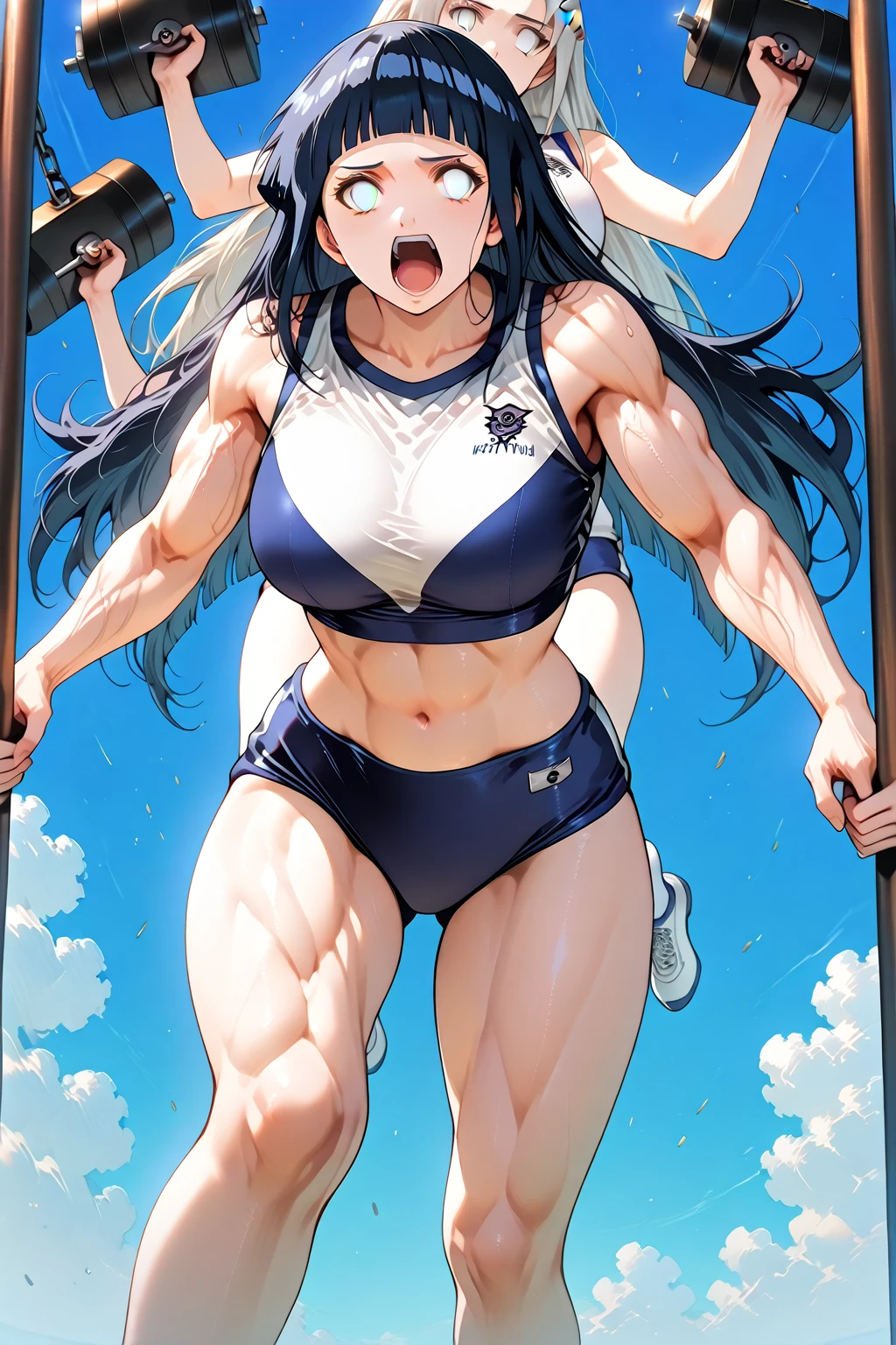 miyu (blue archive),girl,room ,muscular female, alternate muscle size,,open mouth,,biceps, muscular thighs,room,white pantyhose, abs,sailor Uniform