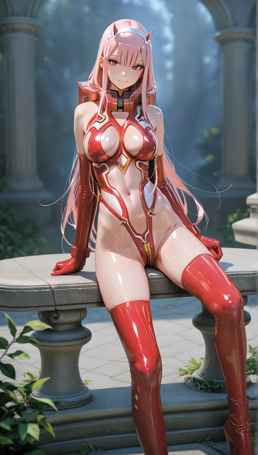 (best quality, masterpiece:1.2), 1girl, seductive, sexy, spread legs, houshouBase, heterochromia, red eyes, yellow eyes, twintails, long hair, hair ribbon, large breasts, white gloves, frilled choker, red ascot, leotard, <lora:HoushouMarineV2LORA:1>