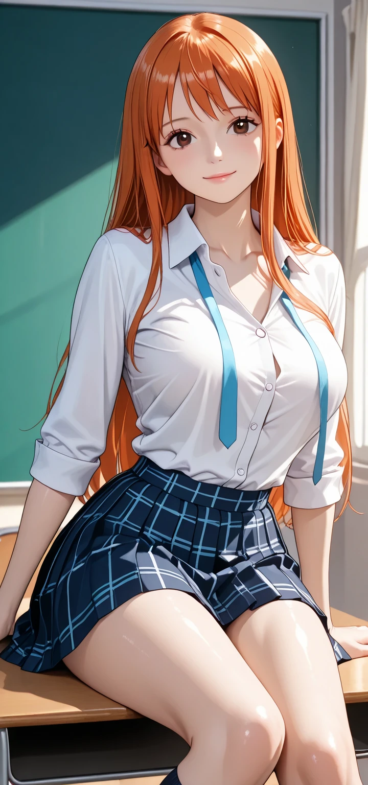 8k,masterpiece, bset quality,big, (1 girl), Kim Possible, green_eyes, orange hair, long hair, professional lighting, (shiny skin: 1.2), shiny big, ((best quality)), sharp focus: 1.2, highly detailed face and skin texture, detailed eyes, perfect face, perfect body, blur art, cg, background, Big breasts, presence (20yo, mature cool and beautiful face), wearing ((blue skirt), white taut shirt, thigh), blush, (mittgal), random pose, top view, perfect eye, angry face
