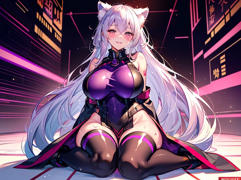 masterpiece, best quality, extremely detailed, 1girl, mature female, solo, (white skin:1.8), flay_strongest,  (huge breasts:1.5), (((white hair, long hair, red eyes, wolf ears, wolf tail))), red lips, (((fortified_suit, black plugsuit))), light smile, (closed mouth), ((sitting on the bench, dystopian city, cloudy sky))