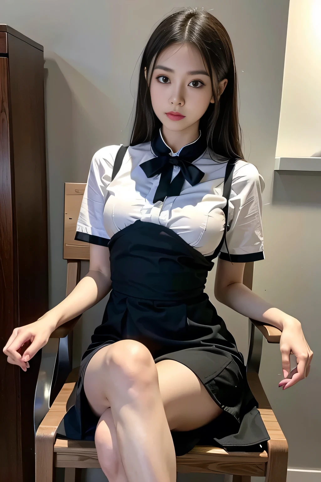 ultra highres,(reality: 1.4),highest quality, masterpiece, high detail, 16K quality, beautiful, 1 beautiful girl,japanese,super beautiful face,baby face,japanese idol face,cute face,super detailed face,detailed hand,beautiful skin,sweaty skin,big eyes,big smile,profeccional lighting,medium hair, black hair,brown beautiful eyes, see through white shirt,cleavag,checked skirt,sitting with knee up,((spread legs)),skirt lift,(((show off panty))),((white panty)),medium breasts,she is looking at the camera,modern style classroom,nsfw,from front,