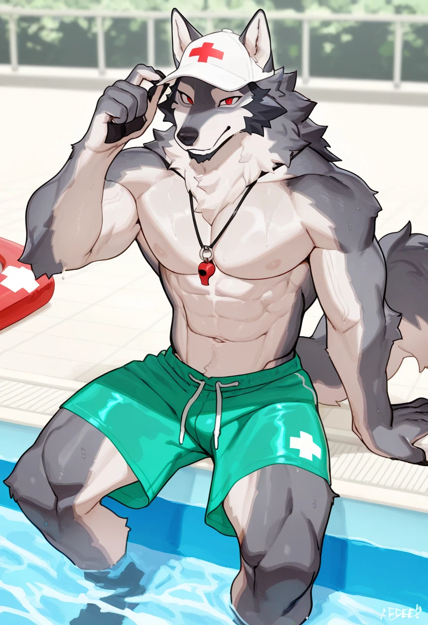 hi res,wolf,anthro,4 fingers,red eyes,horn, blurred background, bottomwear, clothing, life ring, lifeguard, male, muscular, muscular anthro, muscular male,nipples, tail, outside, palm tree, plant, red body, sea, shorts, solo, summer, (swim ring:1.4), tree, (water), detailed background,by milkytiger1145,by takemoto arashi,by null-ghost, lying on water, open smile, (tank top),hyper muscles,hyper pecs