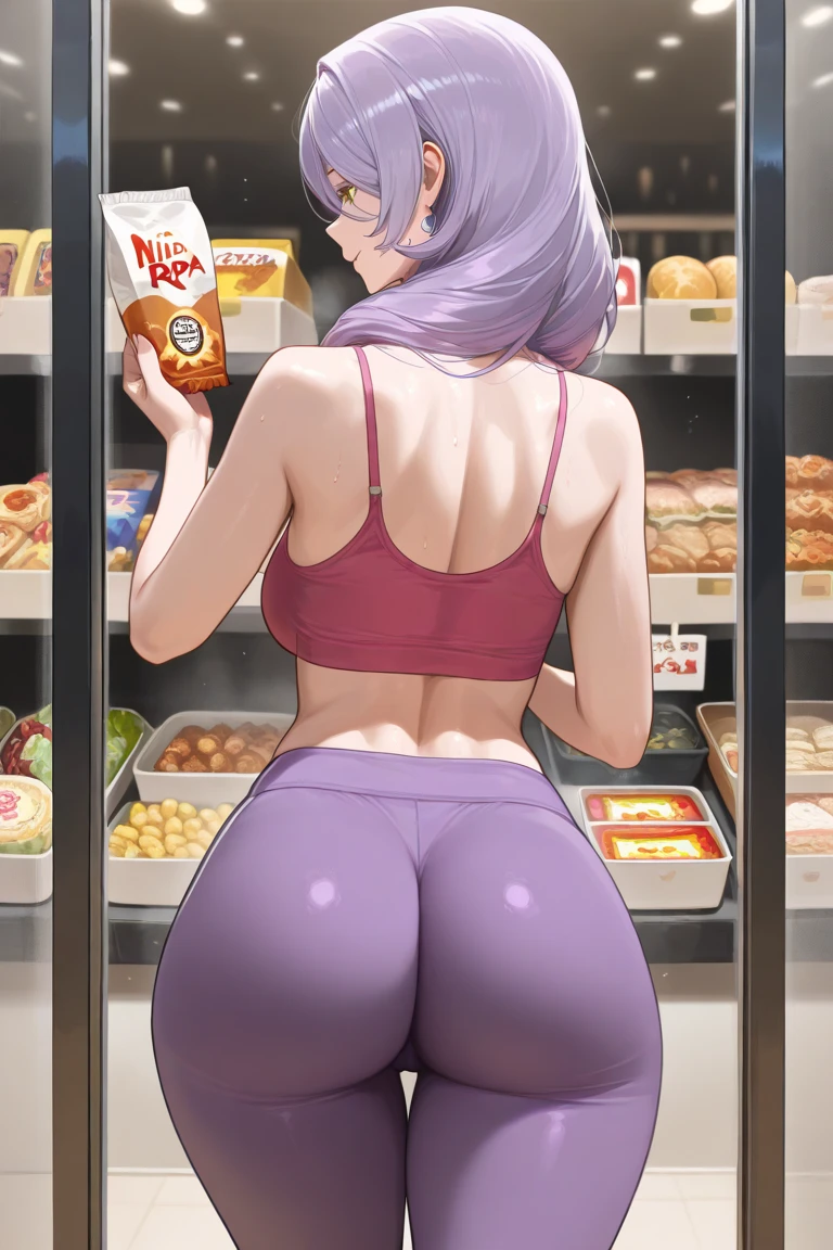 wide hips, from behind, huge ass, looking back, looking at viewer, short shorts, t-shirt, large breasts, smile, lips, blue eyes