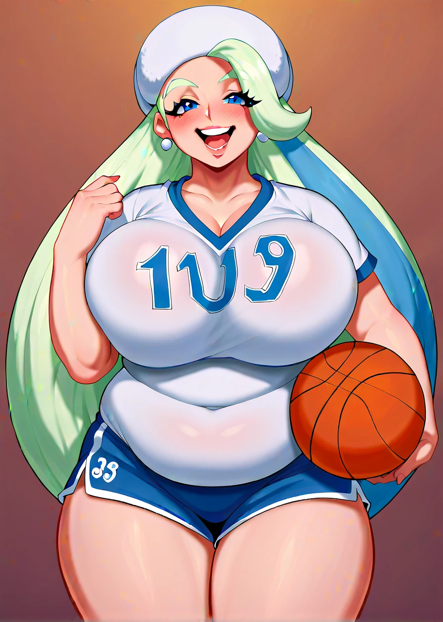 full body in image, full naked woman, naked body, (feet on image), simple hair, female naked body, curvy body, large hips, beautiful woman, thicc body, big thighs, voluptuous body, full thick body, dinamic pose, curve body. detalied pose, body, simple background, expressive face, focus on face, line art, sketch, Full body image of Lola Bunny from Space Jam, full body in image, wearing her original outfit (Tune Squad basketball uniform with a white jersey and blue shorts), long ears, female anthropomorphic rabbit body, athletic and slender body, dynamic pose, detailed pose, simple background, expressive face showing confidence, focus on face, line art, sketch