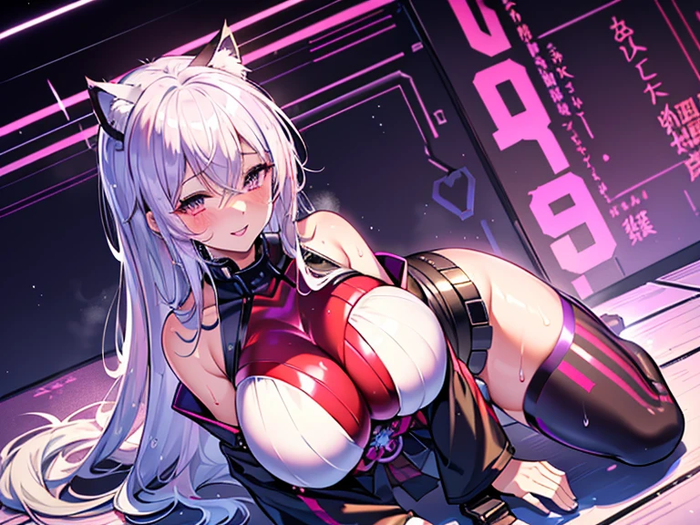 Silver hair, pink eyes, body, cat ears, sexy girl, earrings, heart background fantasy, red uniform, hair bow