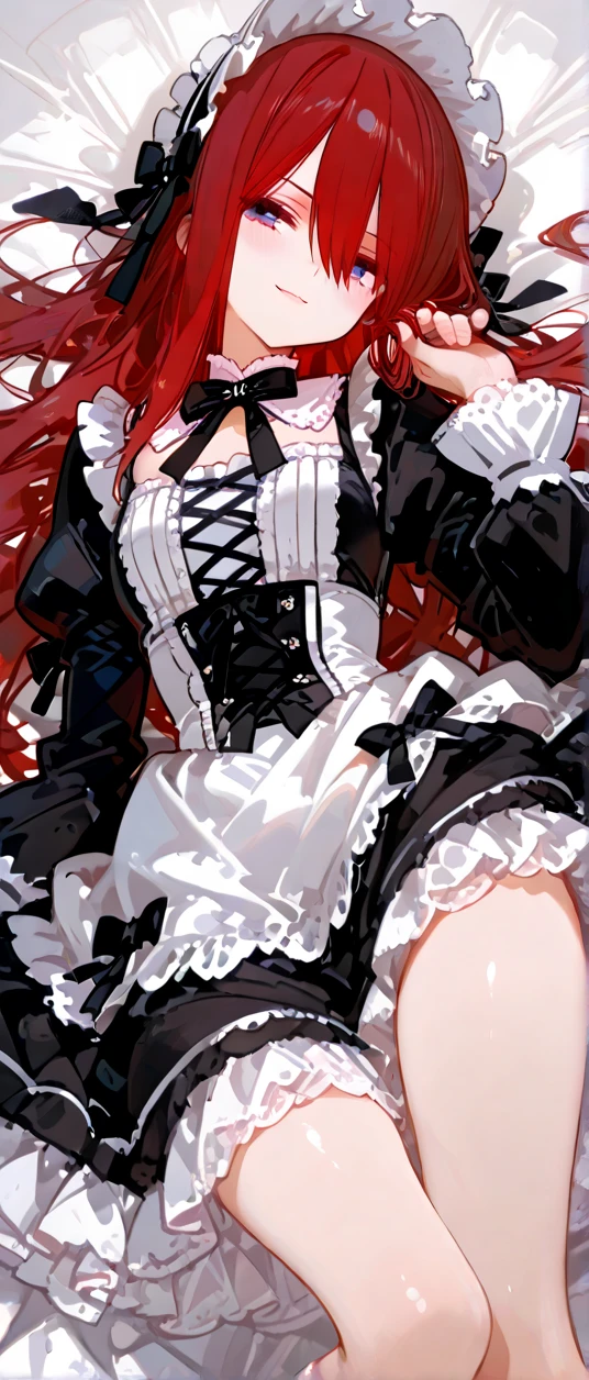 1 girl, best quality, masterpiece, red hair, green eyes, dull empty eyes with purple glint, hypnotized, mind control, wavy hair, black latex maid uniform, latex frills(2.0), lots of cute frills(2.0), shiny latex, extremely glossy latex(2.0), black latex gloves, latex stockings, latex socks, metal cuffs on wrists, metal collar with lock, metal cuffs on ankles, , big thighs, big , hourglass figure, laying down, on bed, legs spread, one knee up,  position, left hand rubbing , left hand positioned on , , , gripping bed sheets(2.0), drooling, blushing, body quivering, pleasure on face, (2.0), slight steam and moisture around 