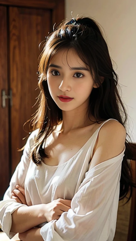 Highest quality, 16K high resolution, super detailed, masterpiece, Capture directly, reality:1.4, surreal:1.4, Sharp focus, very delicate and beautiful, small detail, 1 female, (Asia:1.2), (red hair), (tie your hair to the right), (spread) your leg:1.3), (:1.3), (:1.1), (sit down and on the bed), (supper beautifull), (Nice face:1.5), (Hair tied in 2 ponytails, wear socks), (detailed face), (beautiful and beautiful eyes), Perfect round eyes, (detailed lips), Lipstick, (eye liner), mascara, eye shadow, (White pen skirt white vest), White shirt, tie, At , , pink , The girl inserted her hand into her , girl touching her , gun, F cup, sit down and on the bed