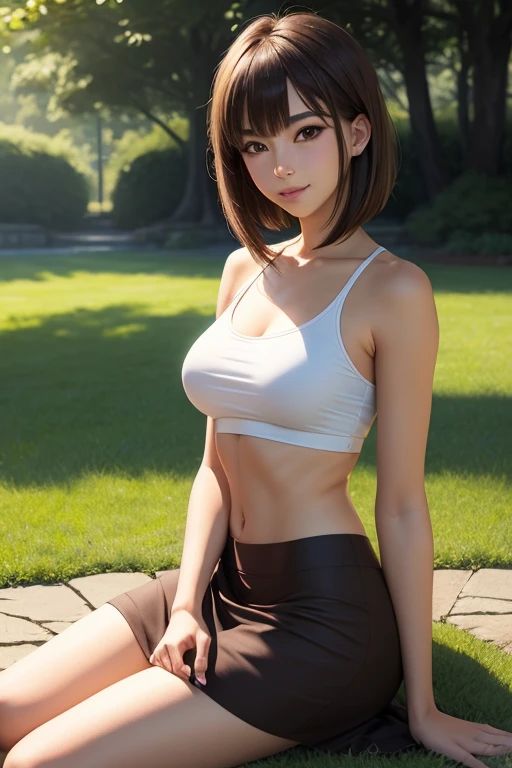 anzu, masterpiece, highest quality, beautiful and aesthetic, very detailed, realism, waifu, sexy, slim waist, standing back side view, leaning, seductive smile, brown hair color, yellow tank top, pink skirt, pony tail, white belt, necklace, black leggings, play park, full body, big breast