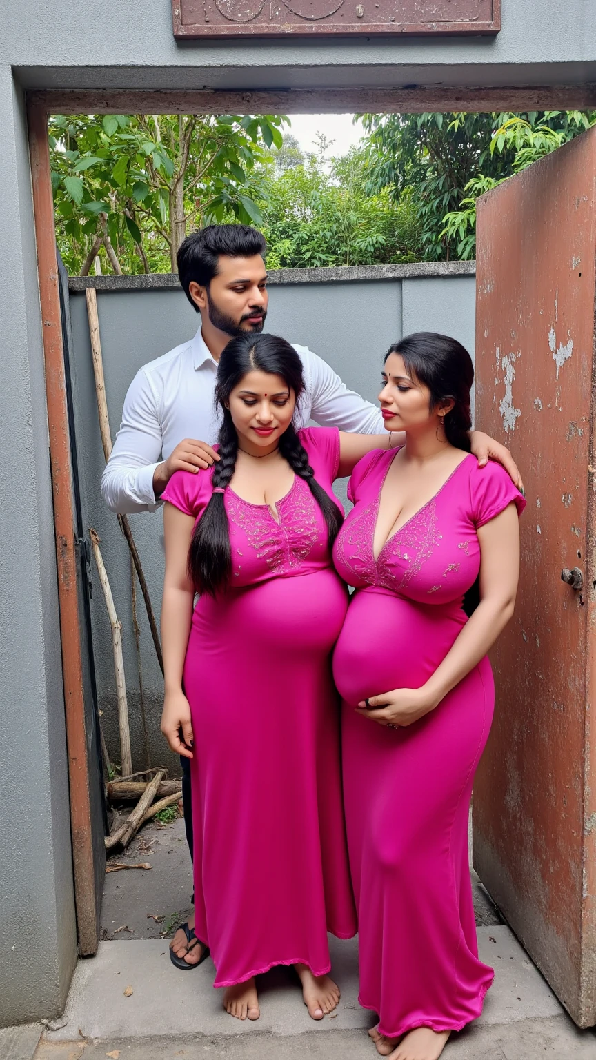 a RAW Photo of girl, (masterpiece:1.1), best quality, ultra high res, high detailed, (photorealistic:1.4), sharp, face detail, (eyebrow piercing:1.1), detailed eyes, detailed face, tied hair:1.2), (huge breasts:1.1), (huge pregnant),indian wedding in background ,yellow saree, (Huge ass:1.1),