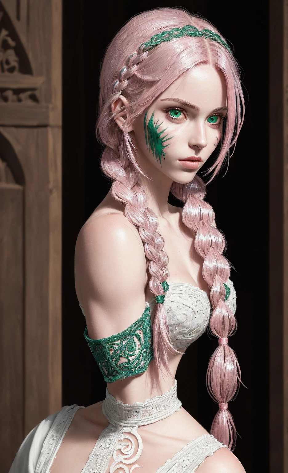 young woman, bubblegum pink hair tied in a bun, wide forehead, porcelain skin, pink eyebrows, emerald green eyes, upturned nose, thick pink lips, heart-shaped face, dark red clothes, Sakura Haruno, realism, well detailed, 3d
