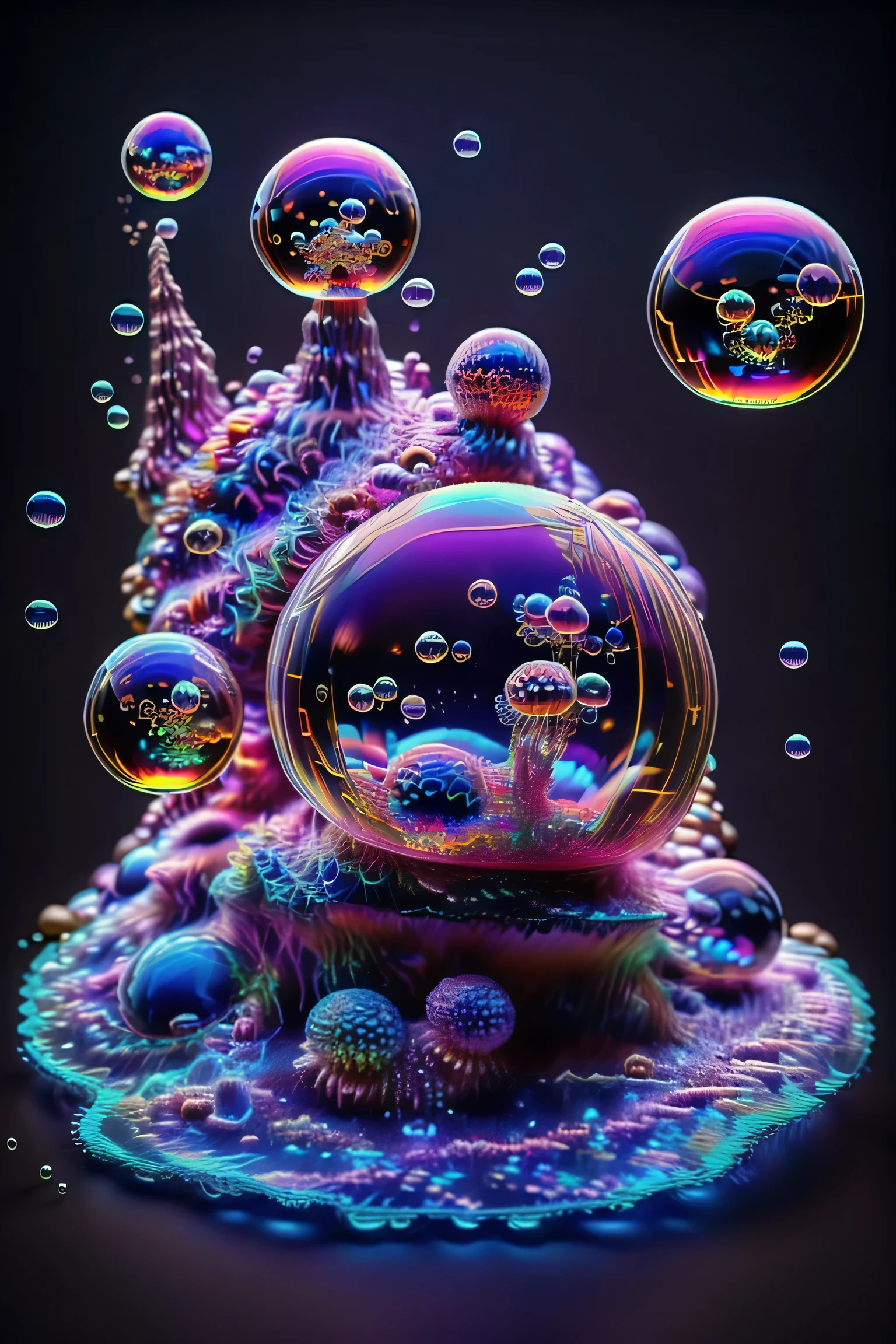 A close up of beautiful bubbles floating on top of each other, LSD, DMT imagery. octane render, psychedelic droplets of water, abstract liquid, and intricate rainbow art. octane render, black 3d fluid simulation,  ethereal bubbles, swirling liquids, and highly detailed, octane render, reflective rainbow bubbles, twisted colors inside of glass spheres, Psilocybin Dream inside an amazing image of light emerging from colors in a shimmering glass morphing out of colors, bright neon and fluorescent colors,very bright, vibrant colors, perfectly formed and symmetrical reflective bubbles and spheres, attention to detail with these beautiful bubbles and spheres, Extreme Hallucinations in a gorgeous piece of  psychedelic digital artwork, Stunning, pixel art, tripped out colors, 4d mandelbulb psychedelics, glass like psychedelic landscape, intricate rainbow environment, psychedelic underwater brightness and glow with neon colors, glowing colors twist inside of translucent glass spheres and bubbles with light and color reflecting off of both in bright fluorescent colors, psychedelic trip, fluorescent and neon aesthetic, psychedelic vibrant colors, bright psychedelic paint splattered backgrounds,swirling spirals and vortex, bright vibrant colors popping out from 3d glass spheres, Rotational Symmetry, Pixel Assets, Portrait photography, Surrealism, Photorealistic, Hyperdetailed, Glass Morphism, Digital Art, Sparkle, Optical Illusion, Glowing Light, Reflective Light, Overexposure, Backlighting, Depth Of Field, Spheres and bubbles show perfect Symmetry, UHD, High Details, High Quality, Super Detailed, Full Focus, Awe inspiring, Shockingly unique wallpaper art, Breathtaking, Indescribably Beautiful, Heaven sent images, Best Quality, Award Winning, MasterpieceA close up of beautiful bubbles floating on top of each other, LSD, DMT imagery. octane render, psychedelic droplets of water, abstract liquid, and intricate rainbow art. octane render, black 3d fluid simulation,  ethereal bubbl