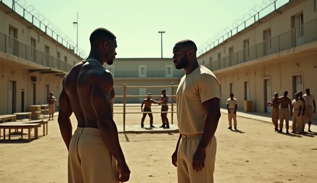 A strong, hairy mixed-race police officer in navy blue underwear points a pistol at a black man inside a public restroom surrounded by other men.