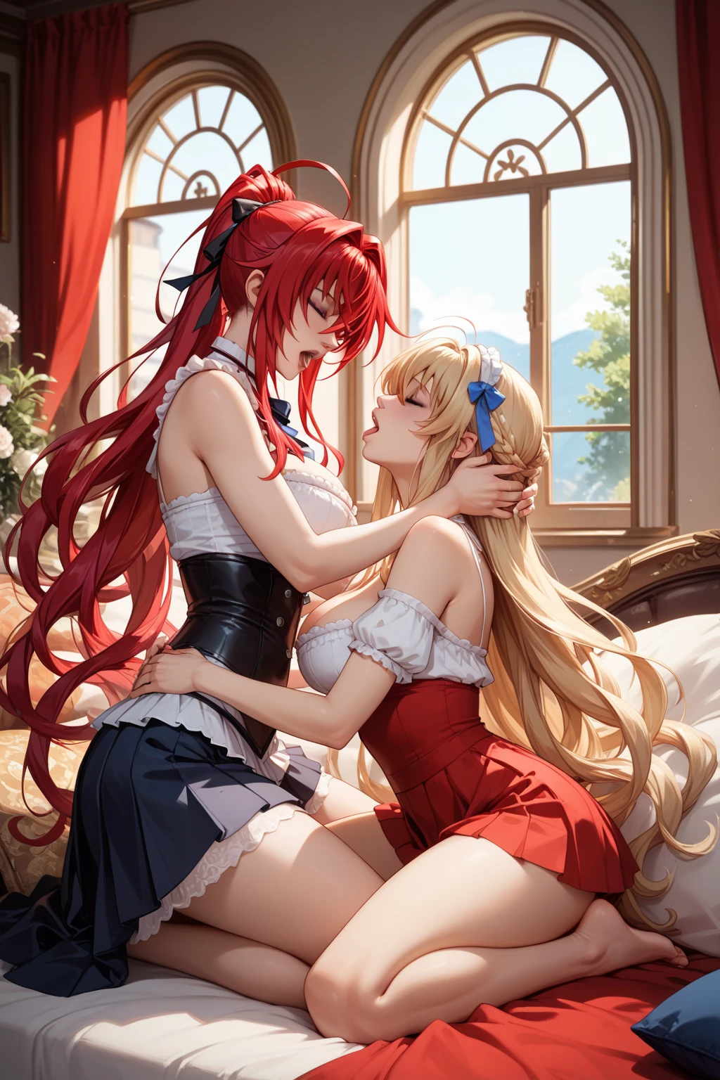 Girl with red hair and blue eyes in black underwear and red corset Anabela open platform sandals lying down.  kissing girl with short blonde hair blue eyes in an intimate dress with thigh-highs in Anabela sandals open yellow high heels on the bed with a lamp on and lit candles