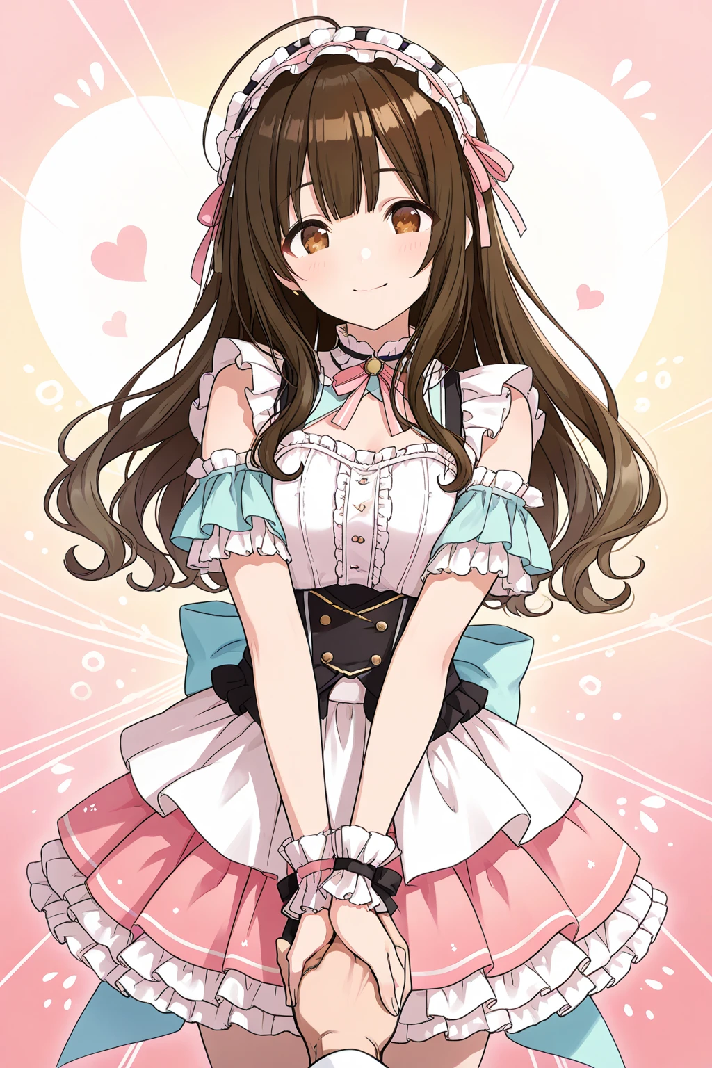 1 girl, sweets, (Bunny girl), Pop atmosphere, cute, Long Hair, Brown Hair, (hair ornaments), Lively expressions, Bright smile, ribbon, Fishnet tights, Glossy clothing ,Beautiful brown eyes in every detail, (Heart-shaped eyes), Pastel pink background,18-year-old, Colorful Hair, Straight hair, Beautiful, shining eyes, Romanticism, modern art, Impressionism, reflected light, 8k, masterpiece, Advanced Details, highest quality, Accurate anatomy
