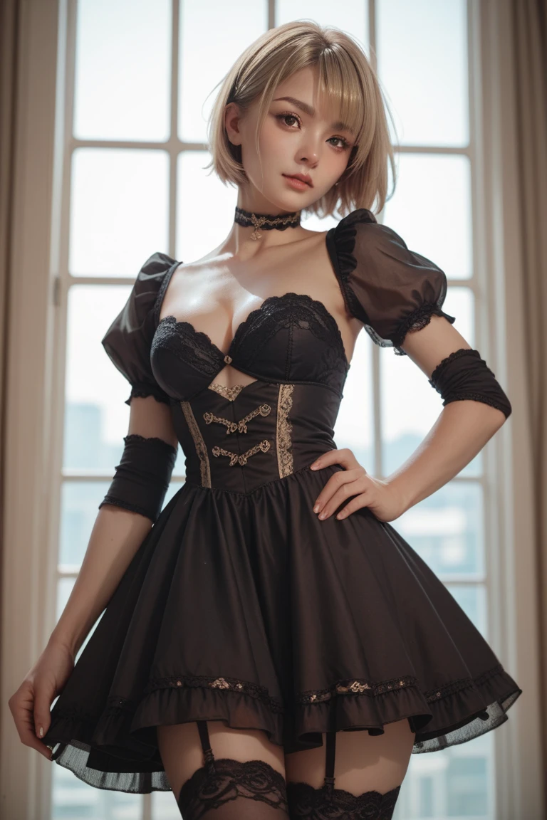 (8K, Photorealistic, Raw photo, of the highest quality: 1.3), (1girl in), Super beautiful, (Realistic face), (boyish, Silver Color Berry Shorthair), Beautiful , Glare that captivates the viewer, Beautiful expression, Beautiful breasts, (Realistic skin), Be...Super high quality, super high definition, super detailed, masterpiece, 20years old, female, cute, perfect face, beautiful, nice body, gothic lolita clothes, gothic lolita fashion, frilly skirt, headdress, necklace, bracelet, knee-high socks, boots, double eyelids, tear bags, Detailed down to the fingers, photo-like description, indoors, dim indoor lighting, blonde hair, pony tail, standing, whole body, composition that shows the whole body, smiling