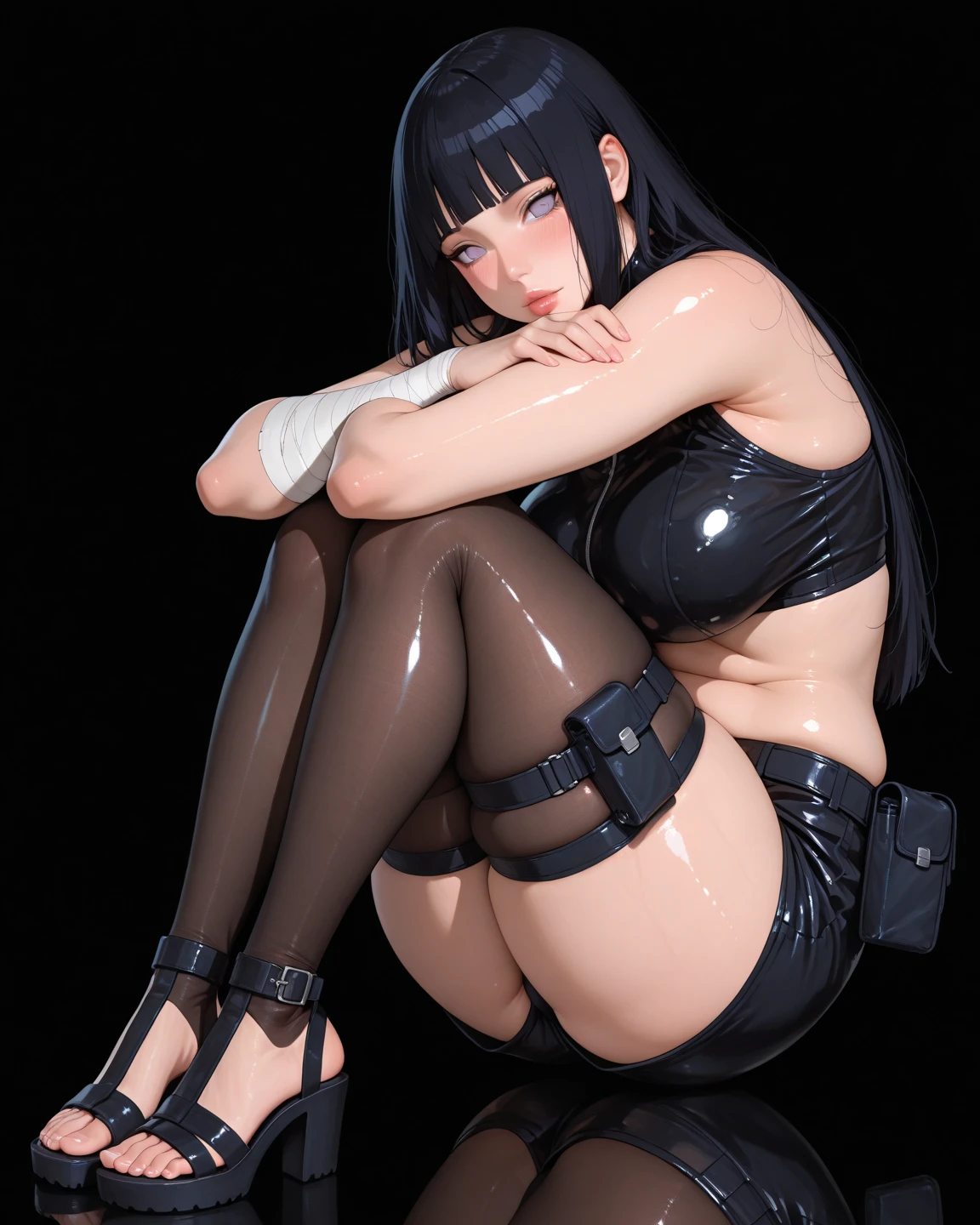 18 year old boy,, Big breasts，black eyes, black hair, solid color background, cold，Large hole fishnet stockings
