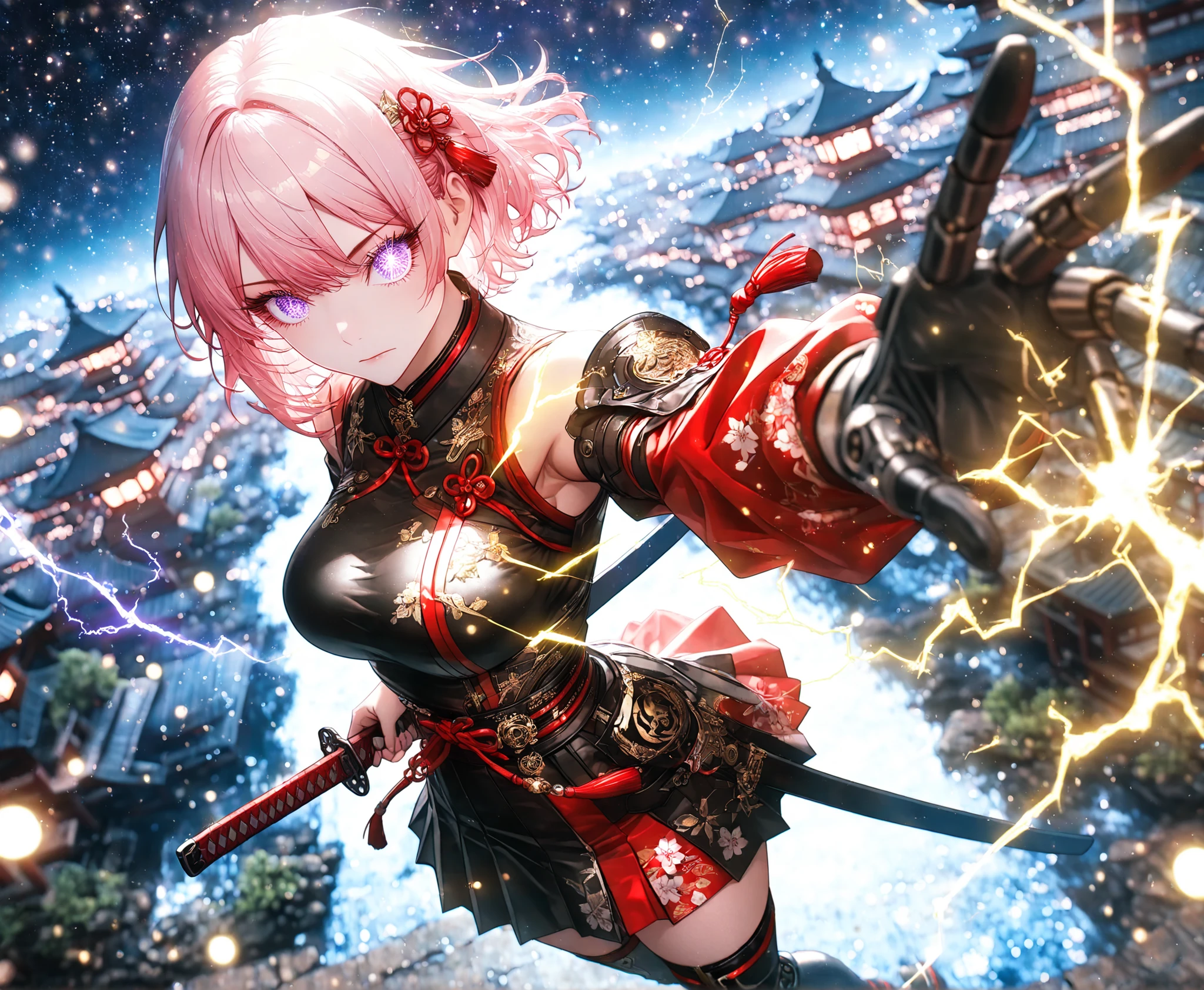 1 girl, violet eyes, light pink hair, short hair, cool, beautiful, medium breast, very cute, lovely, kawaii,Glowing_Lights, glowing_light, glowing, glowing_effect, sparkling, particles, sparkle_effect, light_particles, glitter, glitter_effect, bokeh, light_bokeh, light_reflection,My_Custom_JJK_Style,  (intricate details), (strong lighting:1.3), (light particles), masterpiece, absurdres, best quality, best aesthetic, highres, an extremely delicate and beautiful, an extremely detailed and delicat, ethereal, night, starry sky, star, outdoors, east asian architecture, japanese shirne, (sakura scenery), (electrocution:1.3), fantasy,  solo,   beautiful detailed eyes, black and red detailed samurai armor, tassel, detached sleeves, zettai_ryouiki, embroidery, flame magic effect, smash effect, looking at viewer, expressionless, closed mouth, {nice hands}, (sheathed katana), (holding katana pose), mechanical joints, circuits, (mechanical joints:1.5), depth of field, dynamic angle,  from above, (from side:0.85), scenery,
cinematic lighting, cinematic shadows,