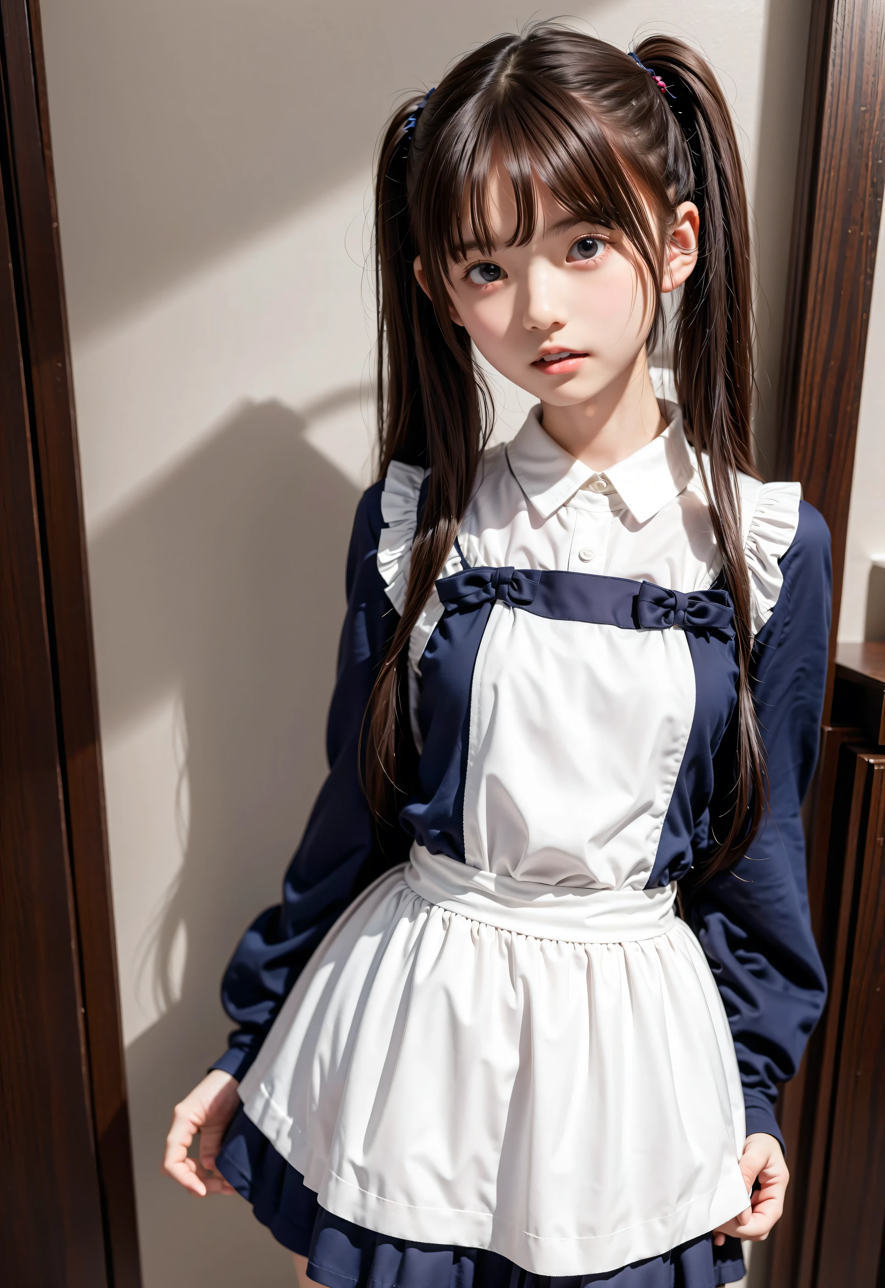 High resolution, Highest quality, super high quality, Very detailed, 8K、(underwear:1.2)、、Embarrassing、Sweaty、Sweat、Embarrassing、(masterpiece:1.2, Highest quality), (Realistic, photoRealistic:1.4), Beautiful illustrations, (Natural Side Lighting, Cinema Lighting), View your audience, whole body, 1 Girl, Japanese, high school girl, Perfect Face, Cute and symmetrical face, Shiny skin, Baby Face, (Low Twintails,Black Hair), Hair between the eyes, black eye, Big eyes, Droopy eyes, (Center of chest, Captivating thighs, Big Ass)、