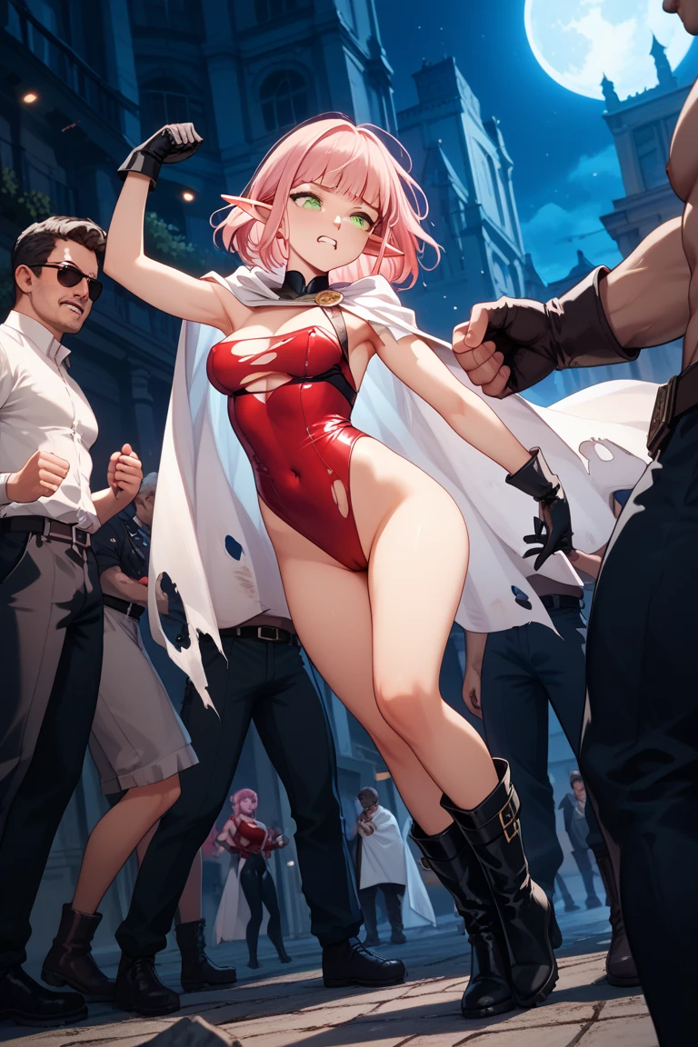 (best quality,4K,8k,high resolution,masterpiece:1.2),super detailed,(actual,realistically,realistically:1.37), Ultra high definition face, pink ponytail, a woman in a pink 内衣 and a black jacket, wearing Sexy内衣, revealing clothing, Sexy :8, laced underwear, bright blue shiny underwear, Tik, V-chest clothes, revealing clothes, Sexy body, Sexy outfit, large breasts, large , huge breast, hourglass figure, Thin waist and thick hips, Pelvis larger than shoulder blades, wide pelvis, fitness model, rosy cheeks, sweat, shy nervous expression, Standing in an alley at night, ((A group of men gathered around her:1.5)), ((The men stared at her intently:1.5))