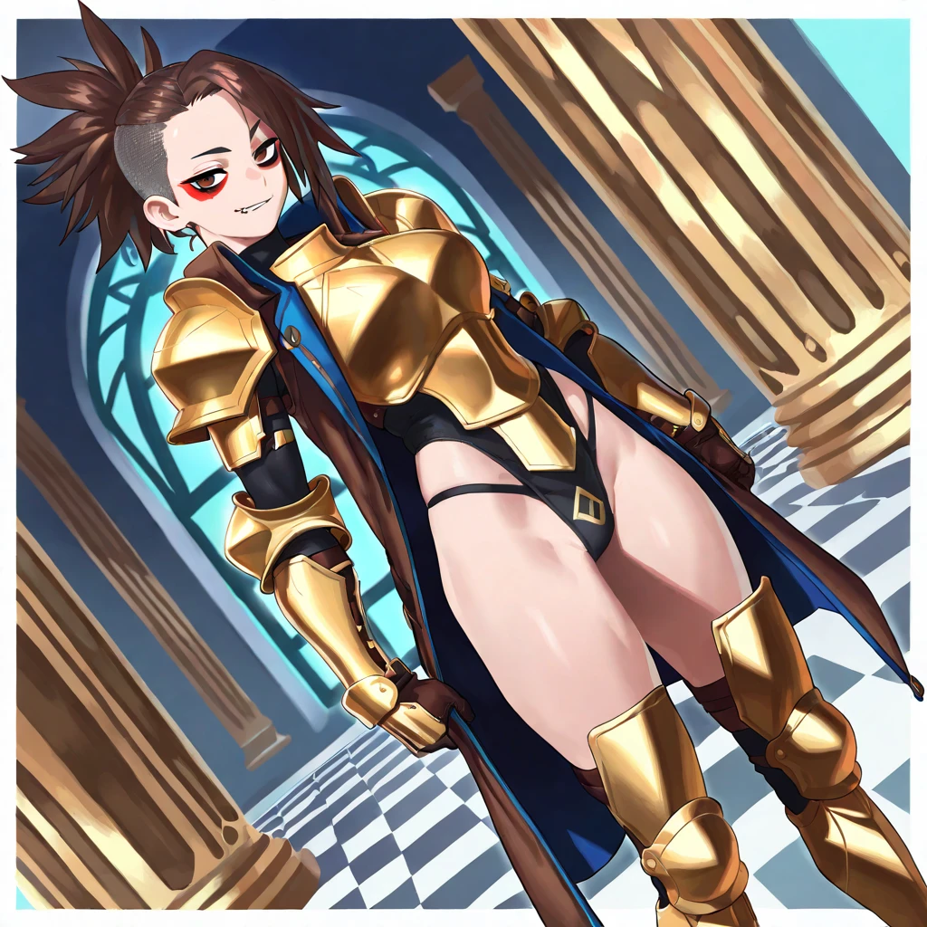 (Masterpiece, Best Quality, High Quality), Rin Hoshizora Love Live, orange hair, yellow eyes, closed mouth, earrings, sky, full tan, perfect shadow, beautiful,cozy , sexual ,(lipstick:0.7), thighs, medium small breasts , black bodysuit,gray shoulder armour, elbow bads, thighs strap, metal gloves , covered nipples