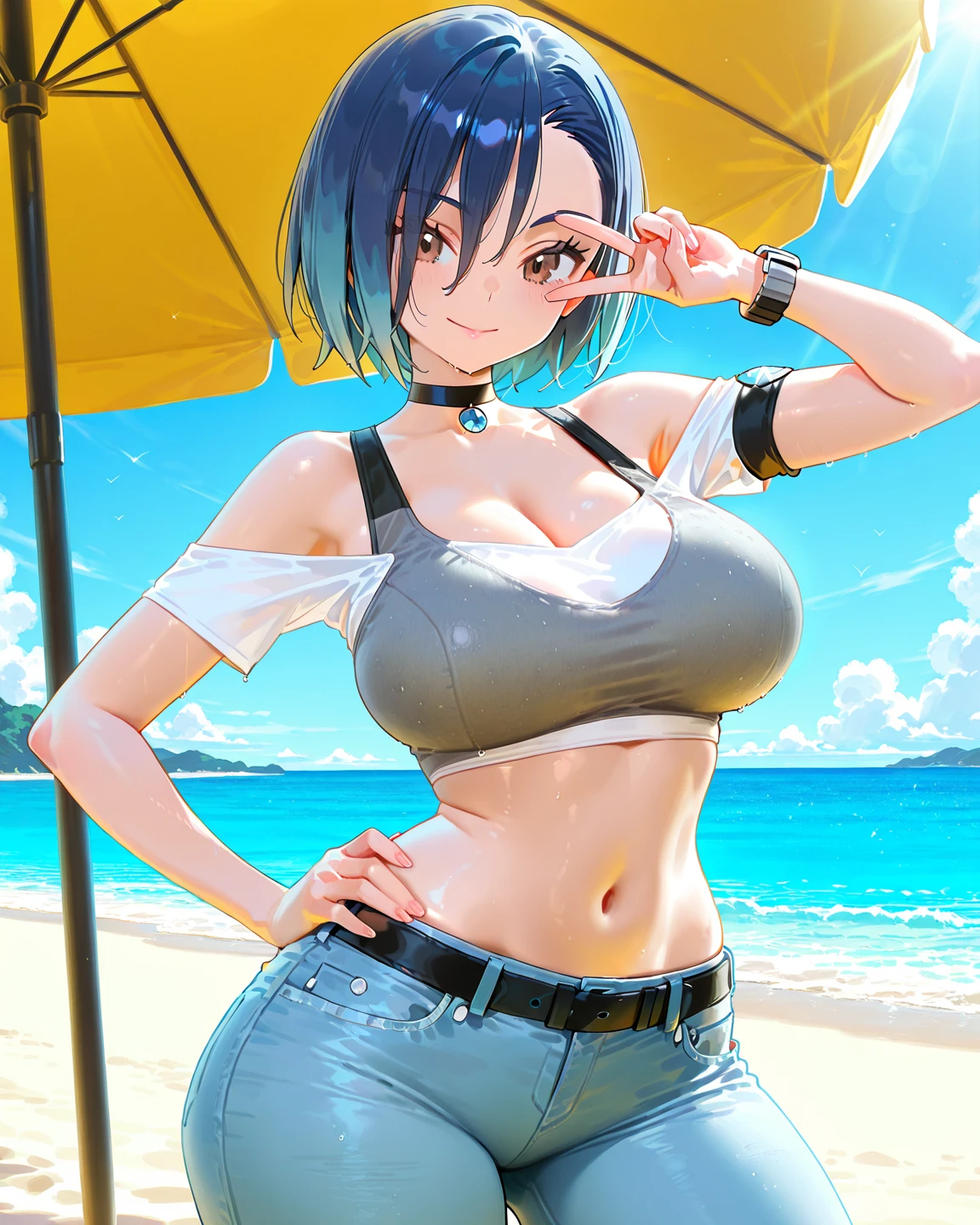 A beautiful black girl, has green eyes, purple hair, There are several tattoos on the body, Wear shorts, Showing the outline of her thighs, Wearing a short top, Showing her belly(Large Breasts、(((Cleavage))) photography, 8k, HDR, high resolution, absurd:1.2, Kodak Portrait 400, Film Grain, Blurred background, Bokeh:1.2, lens flare, (Full of energy_color:1.2),专业photography师