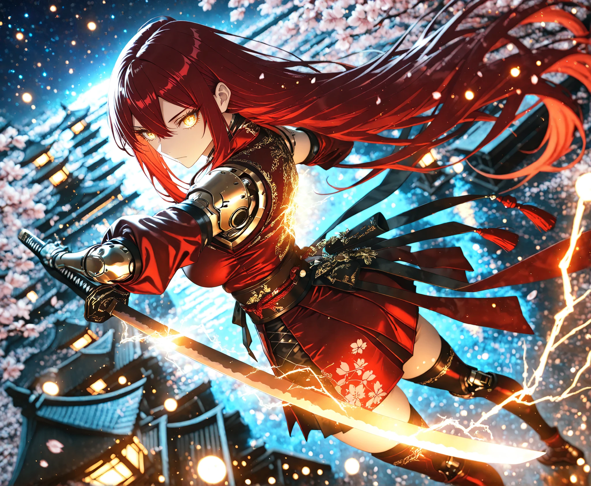 1 girl, Ryu Shana, golden eyes, ((burgundy hair:0.5)), (red hair:0.9), very long hair, hair between eyes, long sidelocks, medium breasts, petite, curvy, very cute, Glowing_Lights, glowing_light, glowing, glowing_effect, sparkling, particles, sparkle_effect, light_particles, glitter, glitter_effect, bokeh, light_bokeh, light_reflection,My_Custom_JJK_Style, (intricate details), (strong lighting:1.3), (light particles), masterpiece, absurdres, best quality, best aesthetic, highres, an extremely delicate and beautiful, an extremely detailed and delicat, ethereal, night, starry sky, star, outdoors, east asian architecture, japanese shirne, (sakura scenery), (electrocution:1.3), fantasy, solo, beautiful detailed eyes, black and red detailed samurai armor, tassel, detached sleeves, zettai_ryouiki, embroidery, flame magic effect, smash effect, looking at viewer, expressionless, closed mouth, {nice hands}, (sheathed katana), (holding katana pose), mechanical joints, circuits, (mechanical joints:1.5), depth of field, dynamic angle, from above, (from side:0.85), scenery,
cinematic lighting, cinematic shadows,