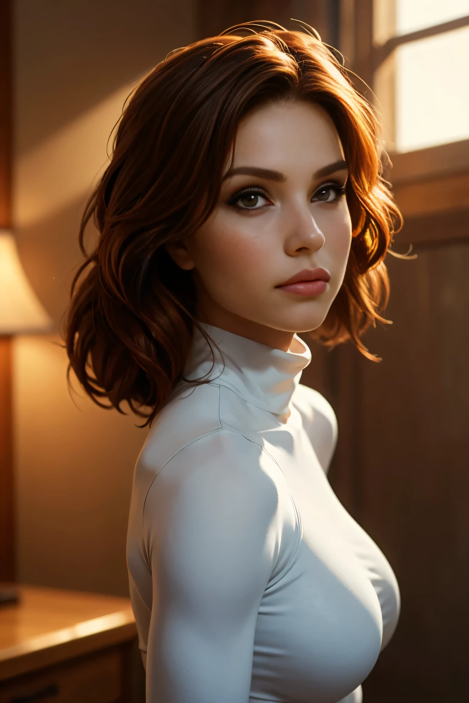 masterpiece, 8k quality, confident adult woman, athletic build, elegant pose, clear skin, sophisticated features, graceful limbs, expressive brown eyes, tasteful portrait, professional lighting, lens flare effects, vibrant colors, athletic leotard with turtleneck, dignified presence,