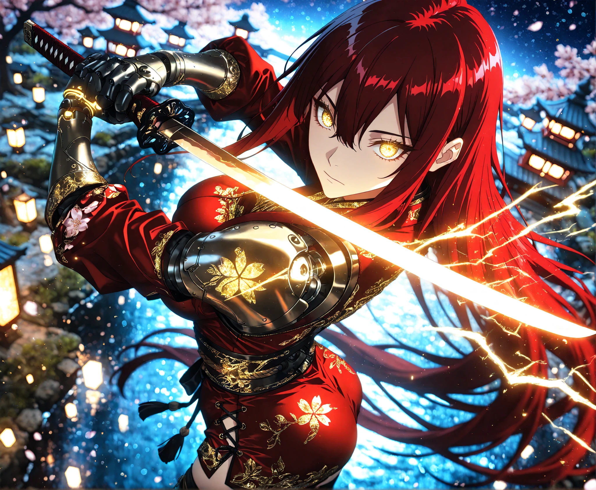 1 girl, Ryu Shana, golden eyes, ((burgundy hair:0.5)), (red hair:0.9), very long hair, hair between eyes, long sidelocks, medium breasts, petite, curvy, very cute, Glowing_Lights, glowing_light, glowing, glowing_effect, sparkling, particles, sparkle_effect, light_particles, glitter, glitter_effect, bokeh, light_bokeh, light_reflection,My_Custom_JJK_Style,  (intricate details), (strong lighting:1.3), (light particles), masterpiece, absurdres, best quality, best aesthetic, highres, an extremely delicate and beautiful, an extremely detailed and delicat, ethereal, night, starry sky, star, outdoors, east asian architecture, japanese shirne, (sakura scenery), (electrocution:1.3), fantasy,  solo,   beautiful detailed eyes, black and red detailed samurai armor, tassel, detached sleeves, zettai_ryouiki, embroidery, flame magic effect, smash effect, looking at viewer, expressionless, closed mouth, {nice hands}, (sheathed katana), (holding katana pose), mechanical joints, circuits, (mechanical joints:1.5), depth of field, dynamic angle,  from above, (from side:0.85), scenery,
cinematic lighting, cinematic shadows,