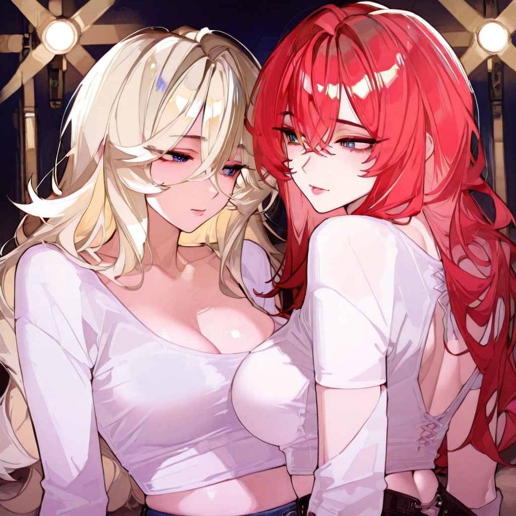 Extra large breasts, Marin Kitagawa long blonde hair with red streaks with her lower half being Makima from Chainsaw man red hair orange spiral eyes, both girls blushing