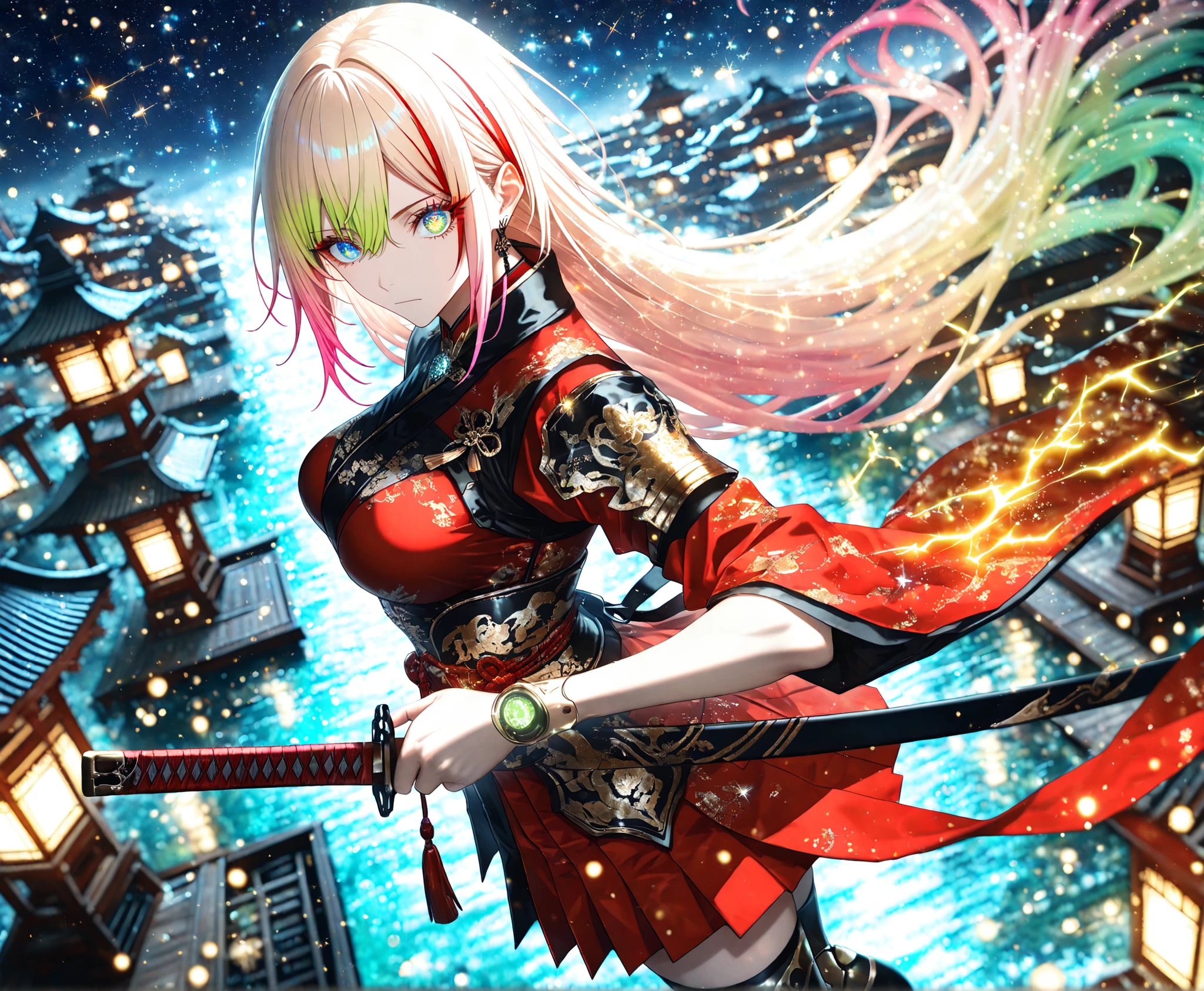 1 woman, sharp green eyes, blue eyes, multicolored eyes , hair between eyes , long side bangs , very long hair , medium breasts , cool, beautiful, blonde, pink hair, gradient hair, streaked hair, multicolored hair , beautiful girl,,Glowing_Lights, glowing_light, glowing, glowing_effect, sparkling, particles, sparkle_effect, light_particles, glitter, glitter_effect, bokeh, light_bokeh, light_reflection,My_Custom_JJK_Style, (intricate details), (strong lighting:1.3), (light particles), masterpiece, absurdres, best quality, best aesthetic, highres, an extremely delicate and beautiful, an extremely detailed and delicat, ethereal, night, starry sky, star, outdoors, east asian architecture, japanese shirne, (sakura scenery), (electrocution:1.3), fantasy, solo, beautiful detailed eyes, black and red detailed samurai armor, tassel, detached sleeves, zettai_ryouiki, embroidery, flame magic effect, smash effect, looking at viewer, expressionless, closed mouth, {nice hands}, (sheathed katana), (holding katana pose), mechanical joints, circuits, (mechanical joints:1.5), depth of field, dynamic angle, from above, (from side:0.85), scenery,
cinematic lighting, cinematic shadows,
