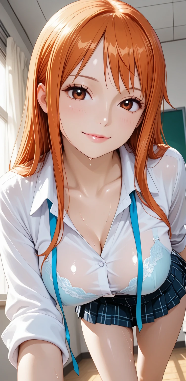 schoolgirl,, (Masterpiece), (Best quality), Detailed eyes, Beautiful hands, straight hands, Shiny hair, Light blonde hair, Long hair, Straight hair, reddish orange eyes. full bodyesbian, Sweaty, Small breasts,With a petite figure,裸露的女生,No clothes