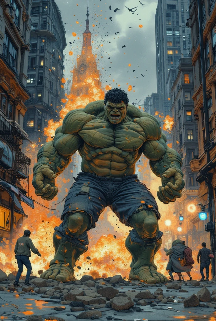 masterpiece, best quality, ultra high res, 3d, photorealistic, masterpiece, best quality, skin indentation, angry, hulk, yellow eyes, dynamic angle, dynamic pose, triumphant smirk, clenched hands, clenched teeth, streets, destruction, ruins, day, apocalypse, dark theme, outdoor, city explosion, bomb, fire, smoke, hulk, <lora:add_detail:1.5>, <lora:LowRA:0.5>, <lora:hulk:1>