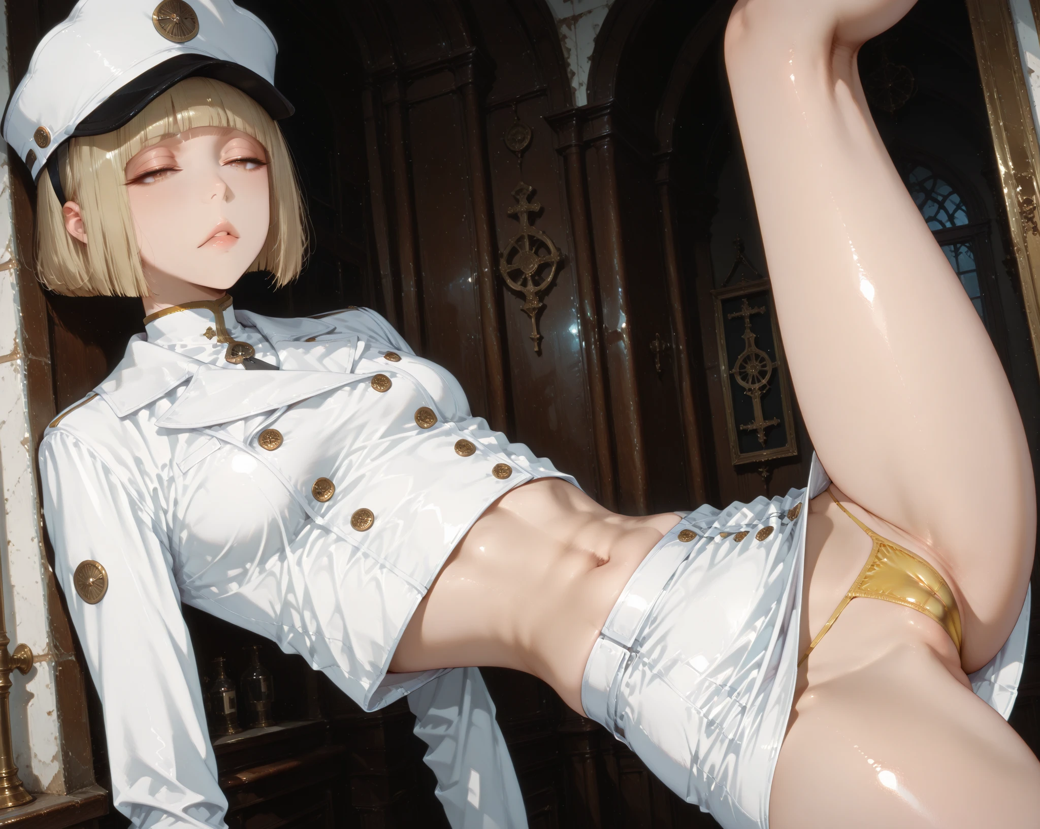 Blonde Shorthair、hime-cut、girl with、Lower body view from below、flat chest、Thin pubic hair、Beautiful open legs、military outfits
