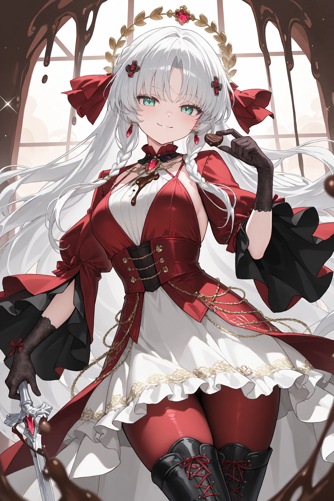 ((Sketch)), ((Watercolor)),((best quality)) ((best quality)), ((masterpiece)), (detailed), HD, Highly Detailed, 4k image, anime style, beautiful young teenage girl, 13 years old, tanned white skin, long waist length hair(pink-red hair)(white highlights), soft  features, heterochromatic eyes(left eye: silver)(right eye: red), elegant battle-styled sundress, cherry red plump lips, large E-cup breasts, short height(150cm). wide hips and large round ass, silver round-frame glasses