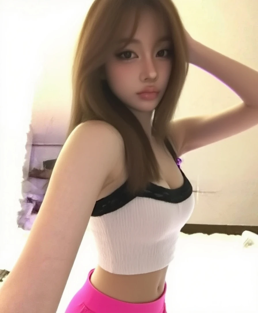 Kim Ji-ni Jennie face, wearing a rabbit headband, wearing a pink skirt, cleavage, a short vest, tight shorts, gloves, background gray wall, strong contrast, sunlight on the face
