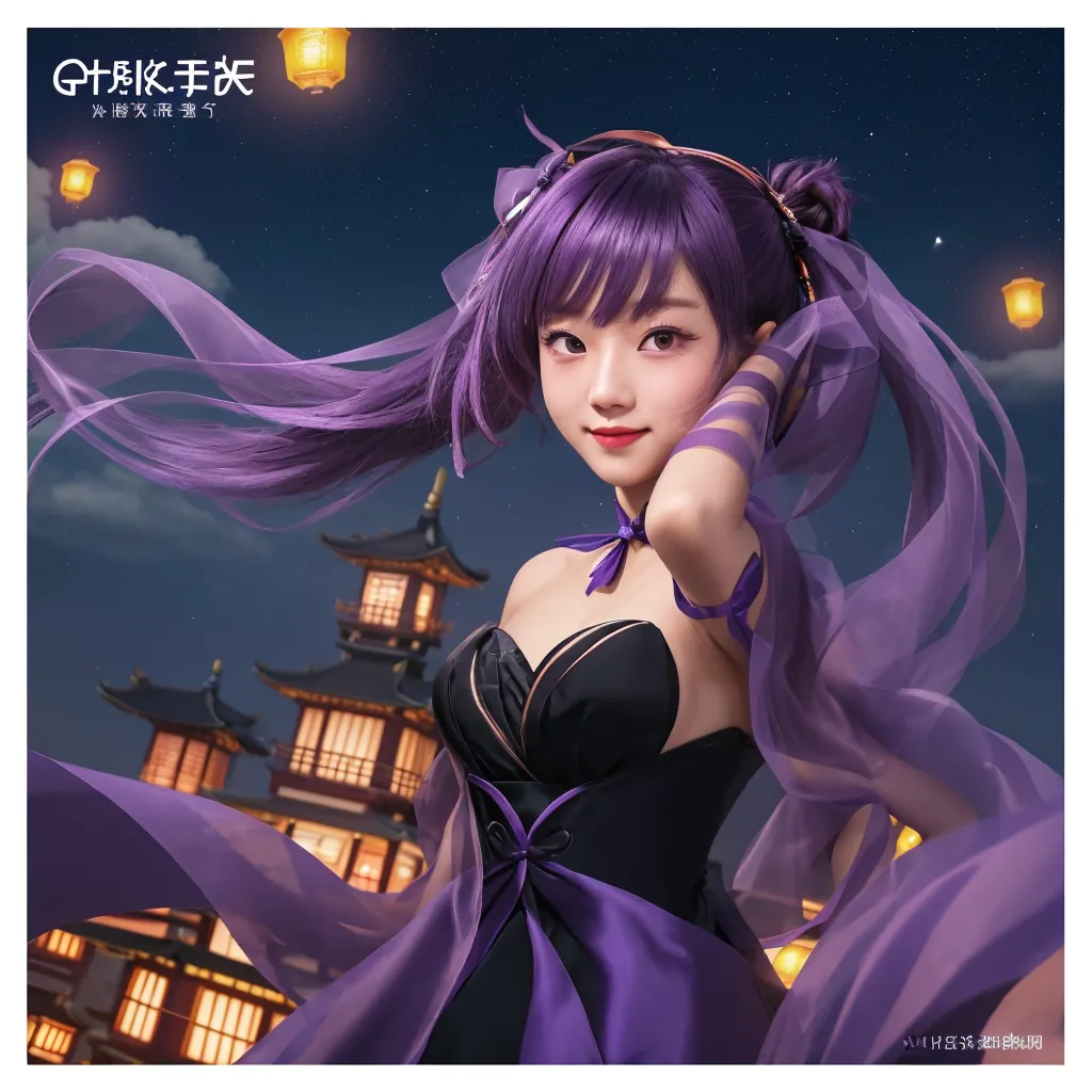 1girl, flat bangs, braids, wide sleeves, hair accessories, kimono, red belt, (purple hair: 1.2), very long hair, straight hair, looking at the audience, highly detailed background, (realism: 1.2), detailed eyes, red eyeshadow, depth of field, symmetrical eyes, (ulzzang- 6500:0.7), (solo: 1.2), (cyberpunk city: 1.1), cleavage, hands on lips