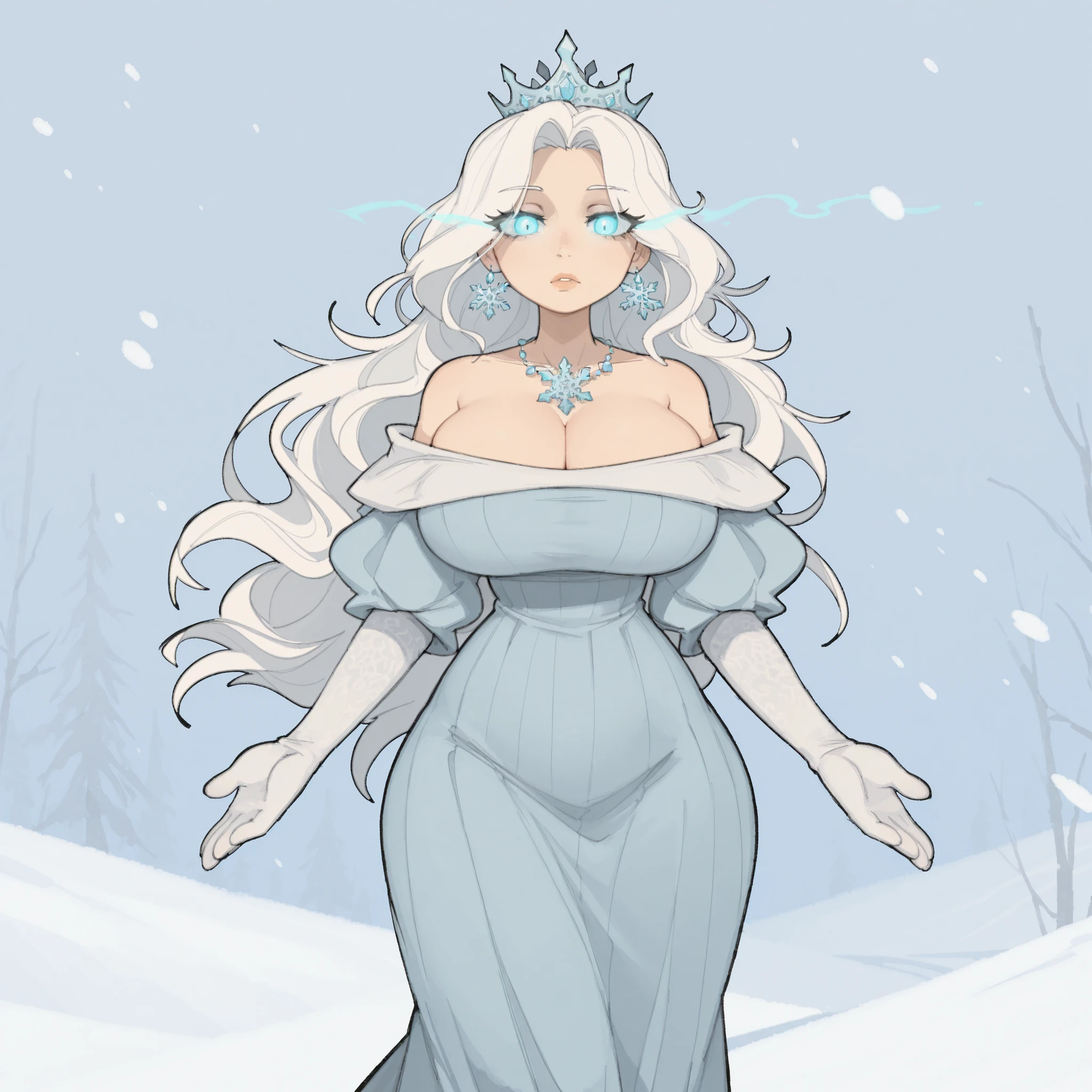 masterpiece, ultra-HD, impressionism, high detail, best quality, very aesthetic, 8k, best quality, beautiful, tmchng, 1woman, mature woman, solo, very long white hair, light blue eyes, glowing eyes, almond-shaped eyes, eyelashes, huge breasts, full lips, narrow waist, wide hips, thick thighs, light blue tight elegant dress, off-shoulder, cleavage, long skirt, white long gloves, snowflake earrings, snowflake necklace, crown, blushed, expressionless, standing, looking at viewer, snow blizzard background, front view