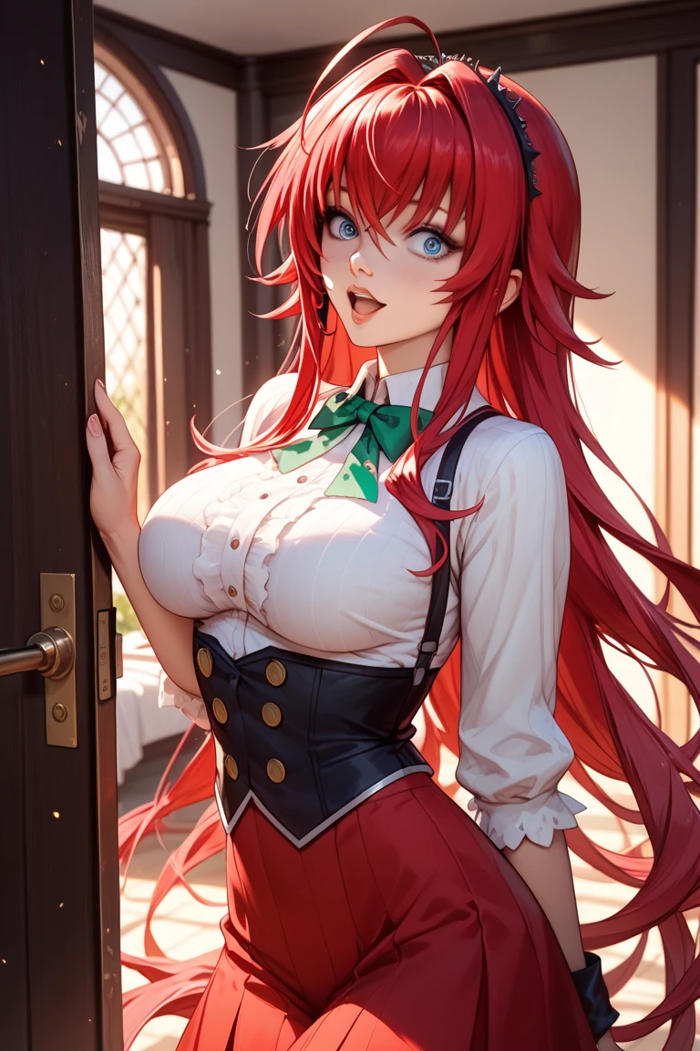 8K picture quality、top-quality、masutepiece、An ultra-high picture quality、ultra-detailliert、Ultra-realistic hair quality、Vibrant colors, 1 girl, Solo, Beautiful face, light Scarlet hair,wave hair,black eyes, blue eye makeup, Small mole under the eye, large breasts, One mole in the cleavage.HOOP earring, (Long sleeved white collared shirt1.2), cleavage, Tight Belted Skirt, smiling
