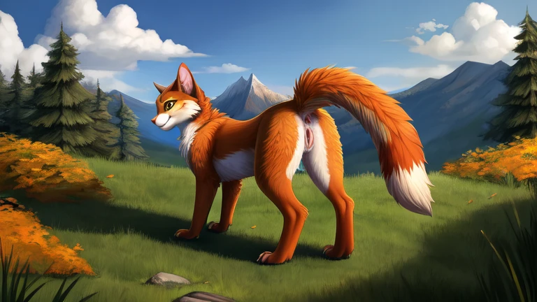 by Miso Souperstar, by trinity-fate62, by reallynxgirl, by chunie, by foxovh, by totesfleisch8, (solo), ((feral)), ((canine)), bubble butt, slim butt, female, fangs, brown body, brown fur, (red fur, skeleton \(marking\), skeleton marking, skeleton bodypaint, skull marking), red eyes, blush, (glistening fur, glistening body, glistening butt, glistening pussy, oiled, oiled butt, oiled body, shiny), butt, presenting hindquarters, ((huge pussy, canine pussy:1)), anus, (ass up), looking back, realistic, photorealistic, hdr, hires, ((quadruped, quadrupedal, digitigrade:1)), paws, raised tail, claws, white tail, white underbelly, looking back at viewer, forest, dusk, afternoon, warm lighting, detailed background, 4 toes