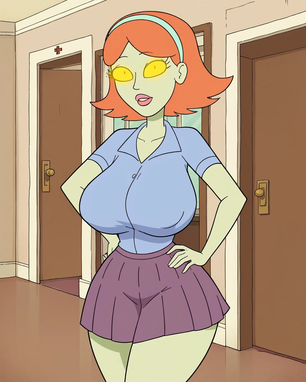 Danny Phantom, 1 girl, amity park, orange hair, large breasts, big ass, seductive, horny, tease, looking through doorgap, nightgown, knows its wrong but wants it anyway