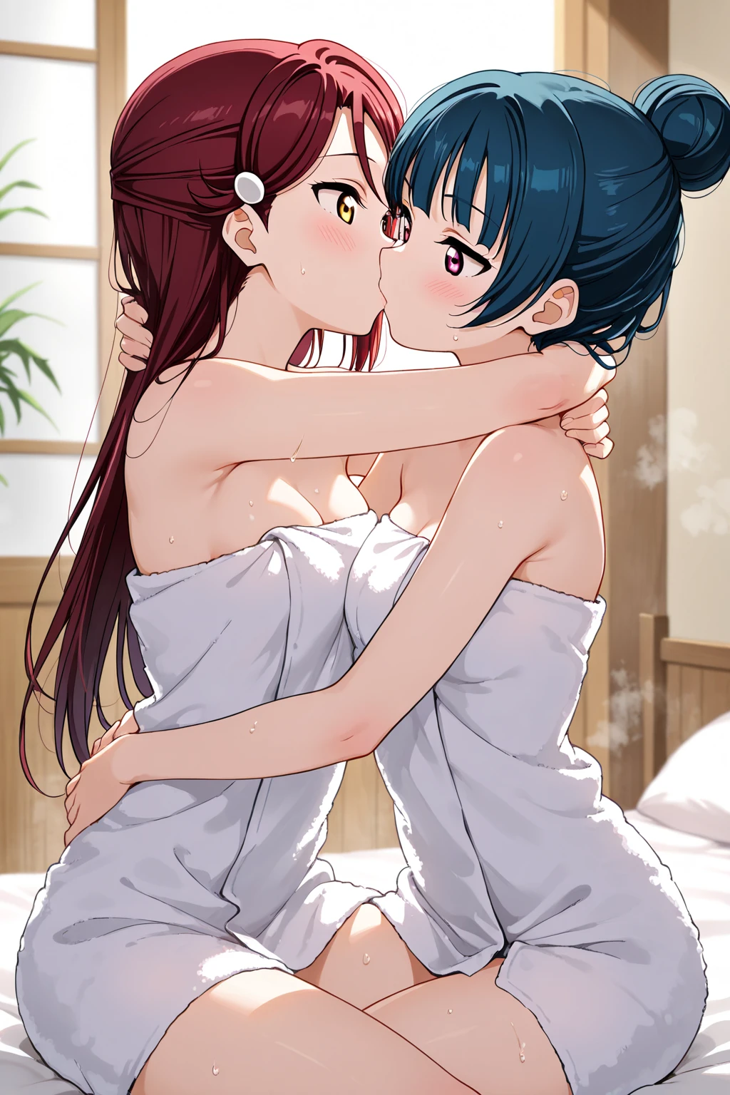 score_9, score_8_up, score_7_up, score_6_up, source_anime, cowboy shot, 2girls, yuri, skin color difference, hair color difference, penis size difference, height difference, age difference, vaginal penis, missionary, small penis, large penis, multiple penises