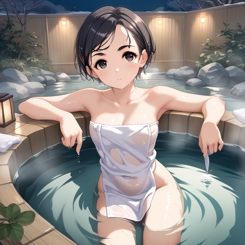 (perfect anatomy:1.2)(absurdres, highres, ultra detailed),masterpiece,best quality,high resolution,8k,Realistic face,Realistic skin texture,magnified textures, stunning clarity,detailed anime girl,(ultra detailed eyes and face),)(14 years old:1.2),(babyface:1.2)、(very short hair)、tareme,light brown hair:1.2,glamor,(despair:1.4)(angry:1.3)(white micro bikini:1.6)(underless:2)short stature,(onsen:1.5),Steampunk in the Edo Period,hieroglyph,(tanned skin:1.4),big breasts,fit body,roundface,
