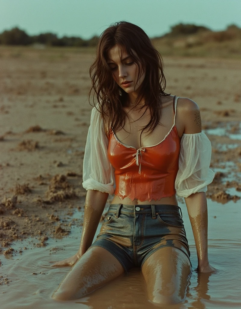 Woman, shakira, covered with a lot of mud, mud running over the body, view from behind, mud covering the bare chest, (without bra), (without panties), (in the pool filled with mud, feet with high heels, white, thigh-length boots, are in the mud), realistic 30-year-old woman, intricate background, high quality, realistic lighting, center of the image, hourglass proportions, 8k, HDR, BDSM, medium breast size, long legs, toned, professional photography of a woman, natural skin texture smeared with a lot of mud, 4K textures, Adobe Lightroom, Photolab, HDR, intricate, elegant, very detailed, sharp focus, insane details, intricate details, hyper-detailed, bright cinema light, outdoor atmosphere, chin pulled up, (exposed belly: 1.8 ), (remote shot), dominant facial expression, (bright red curls with, wet hanging down, mud in the hair), (the skin is covered with mud covered), European face, (high heels, thigh-length boots, white, with straps, in the mud) (transparent, long-sleeved chiffon blouse, blouse with ruffles, white, chiffon sleeves. Puff sleeves, blouse sticks transparent and muddy to the body, clothes stick to the body), (pearl necklace wetted with mud), (underbust corset, white, soiled with mud), (white gloves, satin smeared with mud), (tights, white, patterned, smeared with mud), (micro-slip, thong, dirty with mud)