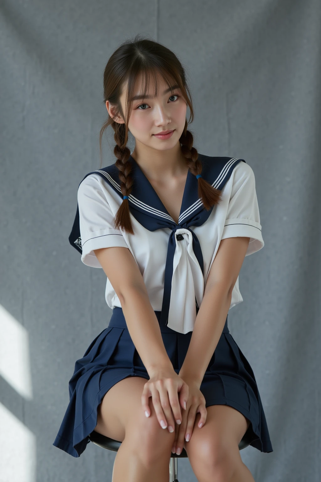  (8K, best quality, masterpiece:1.2), (realistic, photo-realistic:1.37), (high color saturation:1.0),  (highly detailed skin), (highest quality:1.0), (ultra high resolution:1.0) ,(realistic:1.0), (Super detailed:1.0), (8K, Raw photo:1.1)、standing random pose, smiling, natural breast, perfect lighting, ((3girls students)), 18years old, (mysterious), clear and detailed, ((school_uniform, Japanese sailor uniform, flared skirt)), (indoor school climb the stairs), surprised face, (white_panties), looking at back viewer, nsfw, low angle photo,