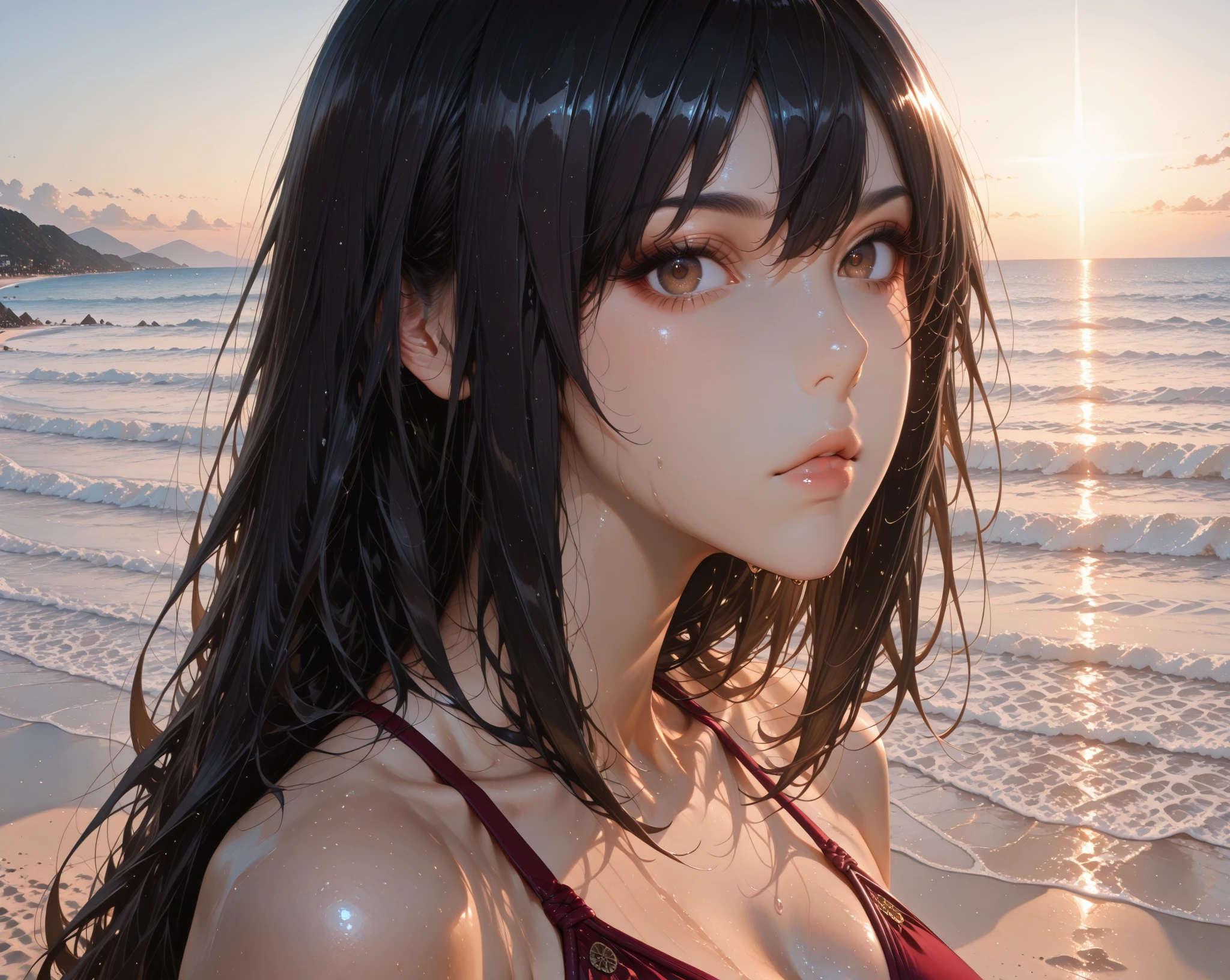 1girl, solo, wlop,
Black hair, gradient eyes, black bikini, seductive smile,
beach, sunset,
masterpiece, best quality,