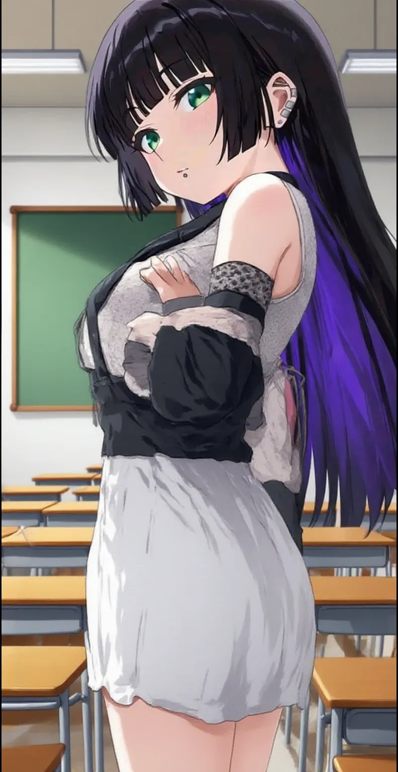 masterpiece, best quality, 1girl, solo, raiden shogun, long hair, purple hair, purple eyes, medium breasts, braided ponytail, hair ornament, blunt bangs, flowers, mole, mole under eye, sweat, wet, School Uniform Top, Stockings, Skirt, home background, inside house, daylight, glasses