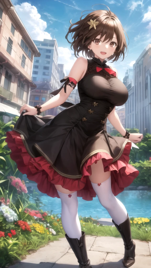 yor briar, anime style beutiful woman, 1girl,full body, happy, smile, red face, closed mouth, beautiful detailed eyes, super detailed skin, backlighting, bare shoulders, black background, black dress, black gloves, black hair, breasts, dress, earrings, fingerless gloves, floating hair, floral print, flower, gloves, gold earrings, gold hairband, hair flower, hair ornament, hairband, holding, holding weapon, jewelry, large breasts, long hair, looking at viewer, off-shoulder dress, off shoulder,red eyes, short hair with long locks, sidelocks, solo, spikes, thighs, two-sided dress, two-sided fabric, weapon, fighting stance , face, close up, from above, highest quality, high resolution.