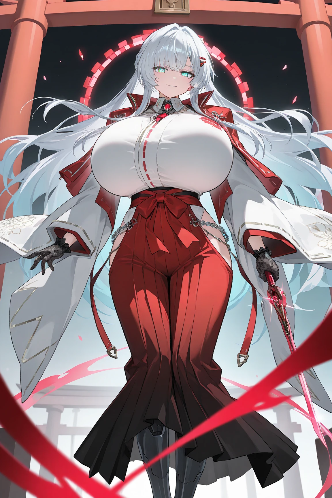 Make a full body character with 2D graphics based on current anime 4k-8k The character is 22 years old. Mature body with big breasts and curves. Eyes red, white cat ears, long white hair down to the ankles. Cat&#39;s furry tail. The outfit is a mix of traditional Japanese kimono, Qipao chines stylized in a cyberpunk way. The colors of the clothes are predominantly white with details of blood red and gold.. With sock 3/4 black and white, sandalhas ninja estilo cyberpunk.