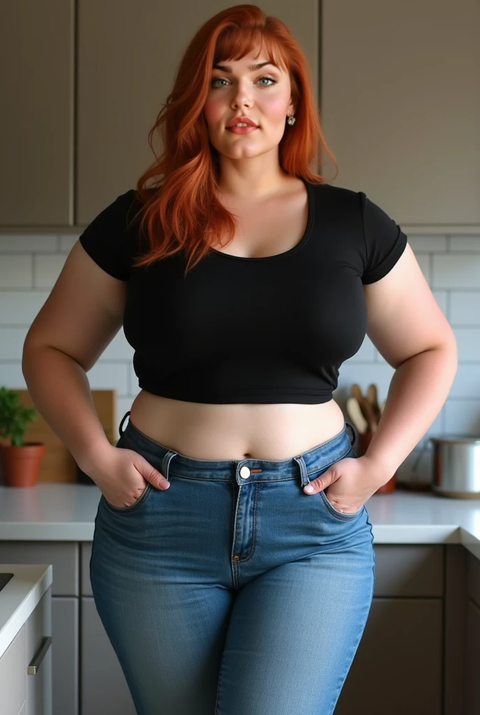 Woman with a large body, red hair color, com sardas no fully body, shorts de jeans, short-sleeved shirt, fully body 